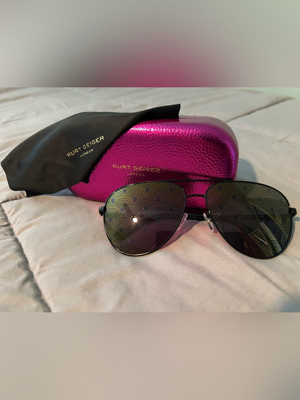 Kurt Geiger Black Aviator Sunglasses with Metallic Pink Case and Printed Lens